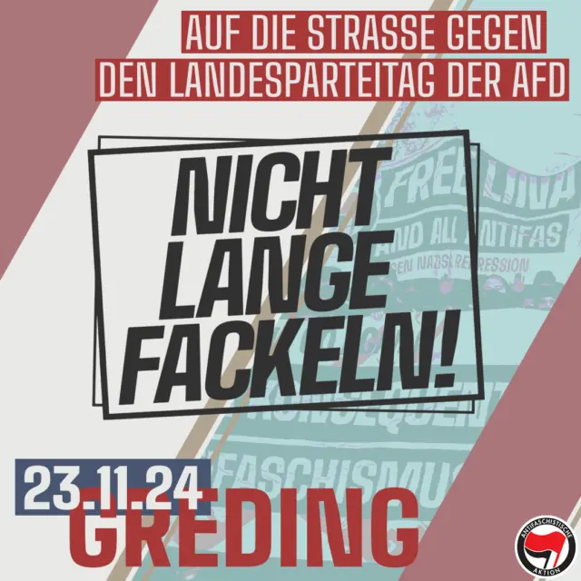 Seit mehreren Jahren finden in Greding (Lkr Roth) die Landesparteitage der bayerischen AfD statt. 
Weitgehend unbehelligt von gesellschaftlichem Widerstand hat die Partei dort einen Ort gefunden, an dem sie in Ruhe über programmatische Eckpunkte diskutieren kann, Ämter innerhalb der Partei besetzt oder sich auf anstehende Wahlen vorbereitet.  Kurz: Greding ist der Ort geworden, an dem die bayerische AfD ihre zentralen Entscheidungen trifft und damit die organisatorischen Voraussetzungen schafft, um weiter an gesellschaftlichem Einfluss zu gewinnen.  Kommt deswegen am 23.11. mit uns nach Greding um dort unseren Protest auf die Straßen zu tragen und dafür zu sorgen, dass die Partei nicht weiter ihr rassistische Programm vorbereiten kann.  Danke @nichtlangfackeln & @gredingistbunt fürs Organisieren!  #obtmneumarkt #gredingistbunt #niewiederistjetzt #wirsindmehr #demokratie #kunterbuntstattkackbraun