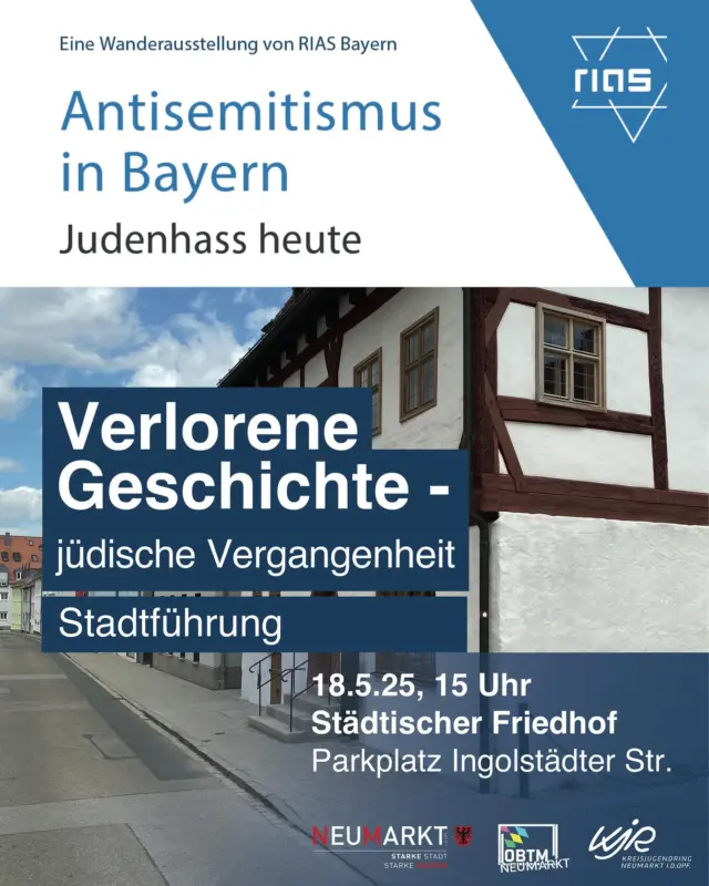 Schon seit Mitte des 13. Jahrhunderts lebten und arbeiteten Juden in der Stadt Neumarkt. Zwischen 1862 und 1942 gab es eine israelitische Kultusgemeinde, die über eine eigene Synagoge in der Hallertorstraße und ein Rabbinat verfügte. 
Die jüdischen Familienunternehmen florierten. Zu Weltruhm brachte es die Velocipedfabrik der Gebrüder Goldschmidt (später Express-Werke), eine der ersten deutschen Fahrradfabriken.  Mit der Zerstörung der Synagoge im November 1938 wurden antijüdische Ressentiments auch in Neumarkt offenkundig. Am Karfreitag des Jahres 1942 erlosch das jüdische Leben in Neumarkt endgültig, als die letzten Juden in die Vernichtungslager der Nazis gebracht wurden.  Der Stadtrundgang folgt den Spuren der jüdischen Bevölkerung und ihrer Geschichte.  Die Führung ist kostenlos und wird 90 Minuten dauern. 
Eine Anmeldung aufgrund begrenzter Teilnahmezahl ist gewünscht.
Männer werden gebeten, eine Kopfbedeckung einzupacken, da auch der jüdische Friedhof besichtigt wird.  Die Stadtführung ist eine Veranstaltung, die im Rahmen der Wanderausstellung „Antisemitismus in Bayern“ stattfindet. Die Veranstaltungsreihe wird vom Oberpfälzer Bündnis für Toleranz und Menschenrechte, dem Kreisjugendring und der Stadt Neumarkt durchgeführt.  Anmeldung unter buergerhaus-neumarkt.de  📆Sonntag, 18.5.2025
🕞15:00 Uhr, Dauer: 90 Minuten 
📍Städtischer Friedhof, Parkplatz an der Ingolstädter Straße, Neumarkt
💶 kostenlos  #obtmneumarkt #kjrneumarkt #meinneumarkt #neumarkt #starkestadtneumarkt #tourismusneumarktoberpfalz #antiantisemitismus #riasbayern