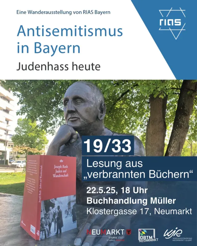 Wir hätten da noch was…
Nämlich eine Lesung mit Texten aus „verbrannten Büchern“!  Am 10. Mai 1933 fanden in ganz Deutschland Bücherverbrennungen statt. Tausende Bücher, vor allem von jüdischen Autorinnen und Autoren, wurden verboten und öffentlich verbrannt, um den sogenannten „undeutschen Geist“ loszuwerden. 
Aber auch auch andere Bücher, die nicht ins System passten.  Das kommt euch bekannt vor?  Wir, vom OBTM Neumarkt, freuen uns, dass wir in der @buchhandlung.mueller zu Gast sein dürfen und werden Texte aus verschiedenen Büchern vorlesen. 
Musikalische Unterstützung bekommen wir dabei von Jakob Söhnlein. Das wird gut!  Wir freuen uns auf euch und einen anschließenden Gedankenaustausch mit euch!
Reservierung gerne direkt bei der Buchhandlung Müllet!  📅 Donnerstag, 22.5.2025
🕖 18 Uhr 
📍 Buchhandlung Müller, Klostergasse 17, NM  Der Eintritt ist kostenlos, ein Spendenkörbchen für Jakob wird bereitstehen.  #obtmneumarkt #kjrneumarkt #stadtneumarktinderoberpfalz #buchhandlungmüller #lesung #verbranntebücher