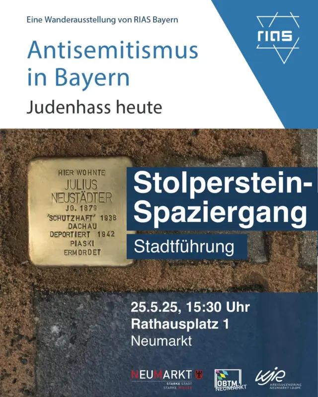 (Nochmal) Lust auf eine Führung?!
Wir laden ein zum „Stolperstein-Spaziergang“.  Zur Erinnerung an die jüdischen Opfer des Nationalsozialismus gibt es auch in Neumarkt so genannte „Stolpersteine“. Der Künstler Gunter Demnig verlegte vor einigen Jahren die ersten Steine. Mittlerweile finden sich einige Orte im Stadtgebiet.  Der Spaziergang mit Stadtarchivar Dr. Frank Präger führt 90 Minuten zu diesen Orten und erzählt die Geschichten der Menschen, die hinter den Namen stehen.  Der Spaziergang ist eine Veranstaltung, die im Rahmen der Wanderausstellung „Antisemitismus in Bayern“ stattfindet. Die Veranstaltungsreihe wird vom Oberpfälzer Bündnis für Toleranz und Menschenrechte Neumarkt, dem Kreisjugendring und der Stadt Neumarkt durchgeführt.  Der Eintritt ist frei. Aufgrund begrenzter Teilnahmezahl, wird um vorherige Anmeldung gebeten unter www.buergerhaus-neumarkt.de  📅 So, 25.5.2025
🕖 15:30 Uhr, Dauer: 90 Minuten
📍 Rathausplatz 1, Neumarkt
💶 Teilnahme ist kostenlos  #obtmneumarkt #riasbayern #stadtneumarktinderoberpfalz #kjrneumarkt #stolpersteine #stolpersteinegegendasvergessen #antiantisemitismus