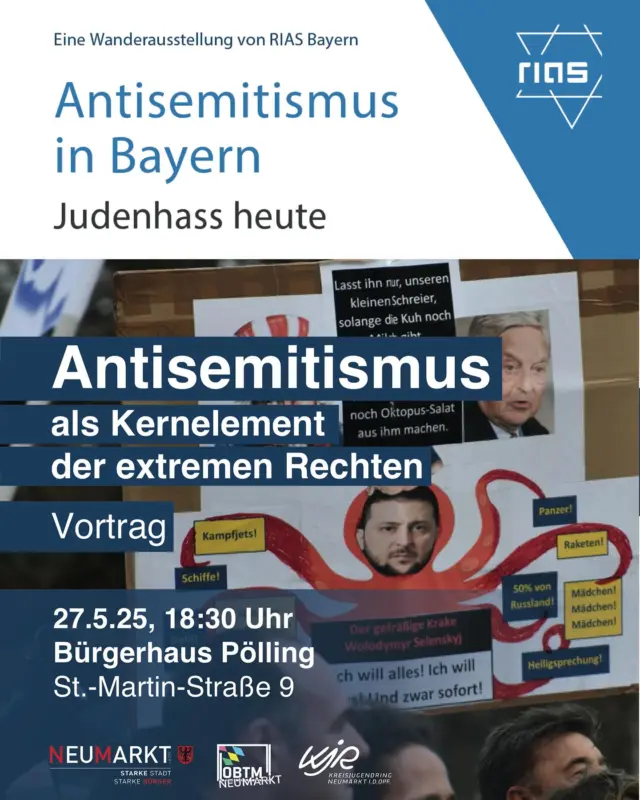 Noch bis Dienstag, 27.5. vormittags könnt ihr die Ausstellung „Antisemitismus in Bayern - Judenhass heute“ in der Klostergasse 22 besuchen. 
Am 27.5. haben wir dann abends noch ein Highlight:
den Vortrag „Eine wandelbare Konstante: Antisemitismus als Kernelement der extremen Rechten und darüber hinaus“ im Bürgerzentrum Pölling (St.-Martin-Straße 9)
. 
Nikolai Schreiter, wissenschaftlicher Mitarbeiter an den Lehrstühlen für Politikwissenschaft mit Schwerpunkt Vergleichende Regierungslehre und für Soziologie der Universität Passau, forscht zu gegenwärtigem Antisemitismus und Antizionismus der extremen Rechten in Bayern und kritischer Theorie.  Nach einer kurzen Einordnung des Antisemitismus im Rechtsextremismus und seiner Bedeutung wird Nikolai Schreiter in seinem Vortrag auf Traditionslinien von Verschwörungsideologie, Erinnerungsabwehr und Antizionismus im rechten Antisemitismus eingehen.  Anhand aktueller Beispiele werden die zentralen offenen und codierten Ausdrucksweisen von Antisemitismus in der extremen Rechten und darüber hinaus diskutiert. 
Die Veranstaltungsreihe wird vom Oberpfälzer Bündnis für Toleranz und Menschenrechte Neumarkt, dem Kreisjugendring und der Stadt Neumarkt durchgeführt.  Der Eintritt ist frei. Anmeldung zur besseren Planung unter:
www.buergerhaus-neumarkt.de  📅 27.5.2025
🕖 18:30 Uhr
📍 Bürgerzentrum Pölling, St.-Martin-Straße 9, Neumarkt
💶 Eintritt frei  #obtmneumarkt #stadtneumarktinderoberpfalz #kjrneumarkt #riasbayern #antisemitismusbekämpfen