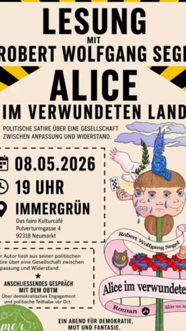 Spannende Lesung am 8.5. im @fairkulturcafe_immergruen mit @herrsegelschreibt.
Im Anschluss gibt’s eine Diskussionsrunde / die Möglichkeit ins Gespräch zu kommen.
Kommt rum!  #obtmneumarkt #demokratie #allezusammengegendenfaschismus