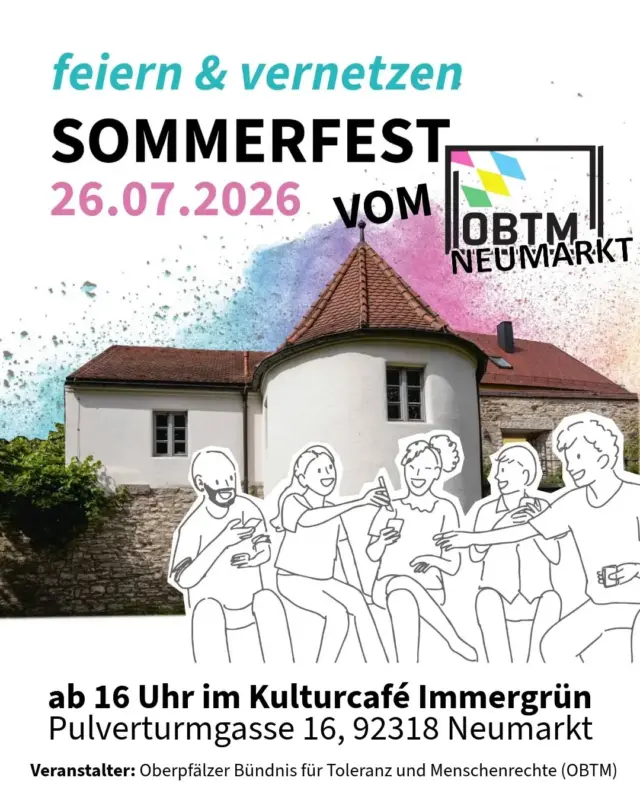 Save the Date! 
Am Sonntag, 26.7., laden wir euch ab 16 Uhr zum OBTM Neumarkt-Sommerfest ein. 
Wie schon letztes Jahr freuen wir uns darauf, euch wiederzusehen bzw. kennenzulernen und uns bei Kaffee, Kuchen und gemütlicher Atmosphäre auszutauschen, was wir gerade brauchen und tun können, damit unsere Gesellschaft wieder bunter und offener statt eintöniger und abgeschotteter wird.  Noch steht der Plan nicht ganz fest - wir machen das ja alles „nebenbei“, aber das ist bislang angedacht:  👑Märchen erzählen: denn hoffnungsvolle Botschaften können wir gerade gut brauchen  📣 Impulsvortrag von @aufstehen_gegen_rassismus: denn  gute Argumente sind wichtig  🎶Musik mit @johnsteamjr um 20 Uhr: denn Musik bewegt uns nochmals anders ❤️  Außerdem haben wir noch folgendes geplant:
📸 Fotostation - wann immer ihr wollt
🎨 Plakate malen - ebenfalls als längere Aktion nebenbei 
✨Glitzertattoos - so lange ihr glitzern wollt  Vielen Dank, liebes @fairkulturcafe_immergruen, dass wir bei euch im Stadtgraben feiern dürfen!  Sobald der Zeitplan final steht, wird hier aktualisiert und ergänzt.  Ihr wollt als demokratische Organisation kommen und Material mitbringen? Sehr gerne!
Gebt uns einfach kurz Bescheid!  Natürlich sind einzelne Menschen genau so gerne gesehen. 🙂  #obtmneumarkt #buntistbesser #sommerfest