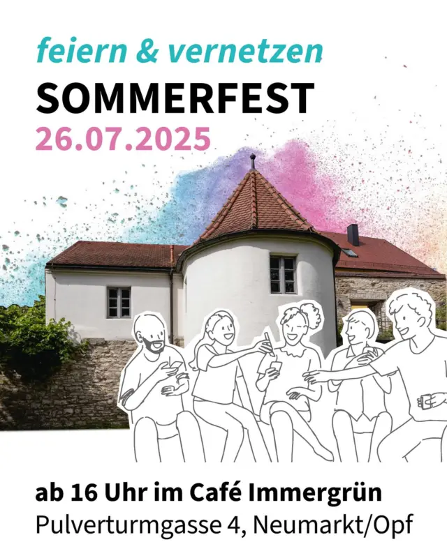Save the Date! 
Am Sonntag, 26.7., laden wir euch ab 16 Uhr zum OBTM Neumarkt-Sommerfest ein. 
Wie schon letztes Jahr freuen wir uns darauf, euch wiederzusehen bzw. kennenzulernen und uns bei Kaffee, Kuchen und gemütlicher Atmosphäre auszutauschen, was wir gerade brauchen und tun können, damit unsere Gesellschaft wieder bunter und offener statt eintöniger und abgeschotteter wird.  Noch steht der Plan nicht ganz fest - wir machen das ja alles „nebenbei“, aber das ist bislang angedacht:  👑Märchen erzählen: denn hoffnungsvolle Botschaften können wir gerade gut brauchen  📣 Impulsvortrag von @aufstehen_gegen_rassismus: denn  gute Argumente sind wichtig  🎶Musik mit @johnsteamjr um 20 Uhr: denn Musik bewegt uns nochmals anders ❤️  Außerdem haben wir noch folgendes geplant:
📸 Fotostation - wann immer ihr wollt
🎨 Plakate malen - ebenfalls als längere Aktion nebenbei 
✨Glitzertattoos - so lange ihr glitzern wollt  Vielen Dank, liebes @fairkulturcafe_immergruen, dass wir bei euch im Stadtgraben feiern dürfen!  Sobald der Zeitplan final steht, wird hier aktualisiert und ergänzt.  Ihr wollt als demokratische Organisation kommen und Material mitbringen? Sehr gerne!
Gebt uns einfach kurz Bescheid!  Natürlich sind einzelne Menschen genau so gerne gesehen. 🙂  #obtmneumarkt #buntistbesser #sommerfest